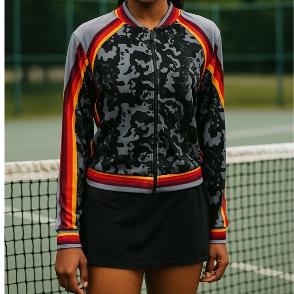 Lucky in Love Velvet Camo Jacket Black Grey Stripe Full Zip Size Medium Tennis - Picture 1 of 9